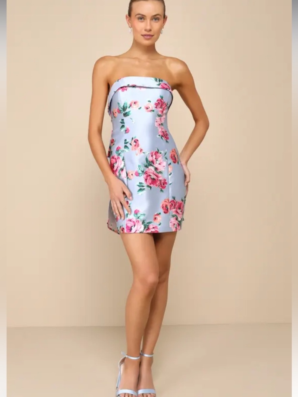 LULUS Luxe Wonder Light Blue Floral Taffeta Strapless Bow Mini Dress Size S/M
